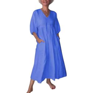 imagechouyatou Womens Summer Puff Sleeve Cotton Linen Midi Dress Casual VNeck Long Tunic Dress with PocketBlue