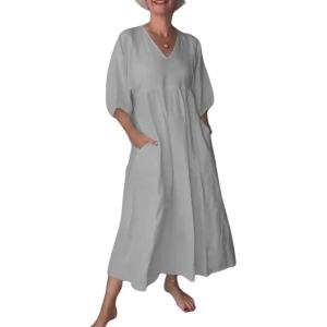 imagechouyatou Womens Summer Puff Sleeve Cotton Linen Midi Dress Casual VNeck Long Tunic Dress with PocketGrey