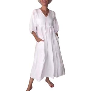 imagechouyatou Womens Summer Puff Sleeve Cotton Linen Midi Dress Casual VNeck Long Tunic Dress with PocketWhite