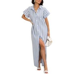 imagechouyatou Womens Summer Short Sleeve Striped Shirt Dress Beach Maxi Long Belted Casual Button Down DressLight Blue