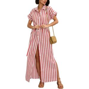 imagechouyatou Womens Summer Short Sleeve Striped Shirt Dress Beach Maxi Long Belted Casual Button Down DressRed