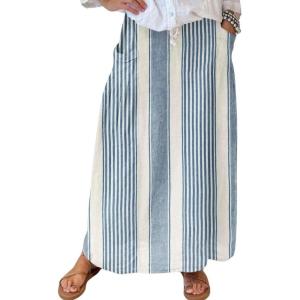 imagechouyatou Womens Vertical Striped High Waist Maxi Skirt Vintage Floral Cotton Linen Long Skirt with PocketsBlue