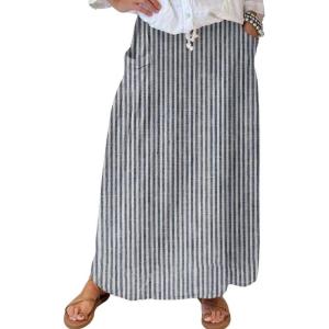 imagechouyatou Womens Vertical Striped High Waist Maxi Skirt Vintage Floral Cotton Linen Long Skirt with PocketsGray