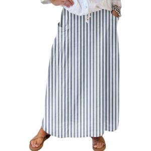 imagechouyatou Womens Vertical Striped High Waist Maxi Skirt Vintage Floral Cotton Linen Long Skirt with PocketsNavy