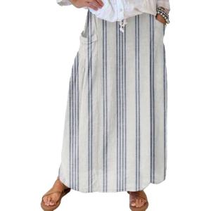 imagechouyatou Womens Vertical Striped High Waist Maxi Skirt Vintage Floral Cotton Linen Long Skirt with PocketsPin Striped