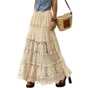 imagechouyatou Womens Western Floral Lace Crochet Knit Maxi Boho Skirt ALine Eyelet Hippie Flowy Long SkirtBeige