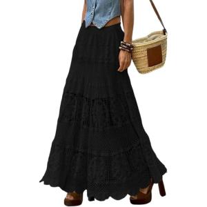 imagechouyatou Womens Western Floral Lace Crochet Knit Maxi Boho Skirt ALine Eyelet Hippie Flowy Long SkirtBlack