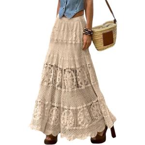 imagechouyatou Womens Western Floral Lace Crochet Knit Maxi Boho Skirt ALine Eyelet Hippie Flowy Long SkirtLight Khaki
