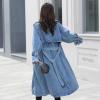 imagechouyatou Women Double Breasted Notch lapel Button Down Midi Long Denim Jean Jacket Trench Coat with BeltBlue