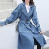 imagechouyatou Women Double Breasted Notch lapel Button Down Midi Long Denim Jean Jacket Trench Coat with BeltBlue