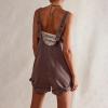 imagechouyatou Womens Casual Adjustable Strap Wide Leg Bib Denim Overalls Baggy Jean Romper Shorts with PocketsBrown
