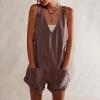imagechouyatou Womens Casual Adjustable Strap Wide Leg Bib Denim Overalls Baggy Jean Romper Shorts with PocketsBrown