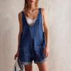 imagechouyatou Womens Casual Adjustable Strap Wide Leg Bib Denim Overalls Baggy Jean Romper Shorts with PocketsDark Blue