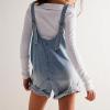 imagechouyatou Womens Casual Adjustable Strap Wide Leg Bib Denim Overalls Baggy Jean Romper Shorts with PocketsLight Blue