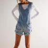 imagechouyatou Womens Casual Adjustable Strap Wide Leg Bib Denim Overalls Baggy Jean Romper Shorts with PocketsLight Blue