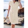imagechouyatou Womens Casual Short Sleeve Striped Shirt Dress Notched VNeck Midi Long Beach DressKhaki