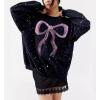 imagechouyatou Womens Elegant Polka Dot Sweatshirt Y2k Bow Printed Loose Fit Oversized Pullover TopsBlack