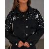 imagechouyatou Womens Fall Distressed Oversized Denim Jacket Embroidered Pearls Star Short Jean JacketBlack