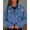 imagechouyatou Womens Fall Distressed Oversized Denim Jacket Embroidered Pearls Star Short Jean JacketDenim Blue