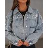 imagechouyatou Womens Fall Distressed Oversized Denim Jacket Embroidered Pearls Star Short Jean JacketLight Blue