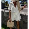 imagechouyatou Womens Sexy Eyelet Lace Wide Leg Romper Shorts Casual Button Up Belted Jumpsuit Overall PantsWhite