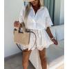 imagechouyatou Womens Sexy Eyelet Lace Wide Leg Romper Shorts Casual Button Up Belted Jumpsuit Overall PantsWhite