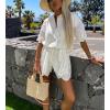 imagechouyatou Womens Sexy Eyelet Lace Wide Leg Romper Shorts Casual Button Up Belted Jumpsuit Overall PantsWhite