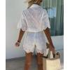 imagechouyatou Womens Sexy Eyelet Lace Wide Leg Romper Shorts Casual Button Up Belted Jumpsuit Overall PantsWhite