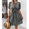 imagechouyatou Womens Summer Puff Sleeve Striped Mini Dress Casual Tie Knot Babydoll Tunic Swing Short DressBlack