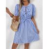 imagechouyatou Womens Summer Puff Sleeve Striped Mini Dress Casual Tie Knot Babydoll Tunic Swing Short DressBlue