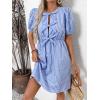 imagechouyatou Womens Summer Puff Sleeve Striped Mini Dress Casual Tie Knot Babydoll Tunic Swing Short DressBlue