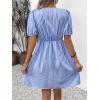 imagechouyatou Womens Summer Puff Sleeve Striped Mini Dress Casual Tie Knot Babydoll Tunic Swing Short DressBlue
