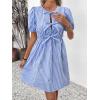 imagechouyatou Womens Summer Puff Sleeve Striped Mini Dress Casual Tie Knot Babydoll Tunic Swing Short DressBlue