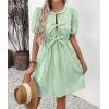 imagechouyatou Womens Summer Puff Sleeve Striped Mini Dress Casual Tie Knot Babydoll Tunic Swing Short DressGreen