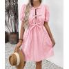 imagechouyatou Womens Summer Puff Sleeve Striped Mini Dress Casual Tie Knot Babydoll Tunic Swing Short DressPink