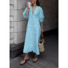 imagechouyatou Womens Summer Short Puff Sleeve Button Down Dress Cotton Linen Casual Midi Long ALine DressBlue