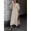imagechouyatou Womens Summer Short Puff Sleeve Button Down Dress Cotton Linen Casual Midi Long ALine DressKhaki