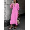 imagechouyatou Womens Summer Short Puff Sleeve Button Down Dress Cotton Linen Casual Midi Long ALine DressPink