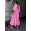 imagechouyatou Womens Summer Short Puff Sleeve Button Down Dress Cotton Linen Casual Midi Long ALine DressPink