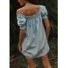 imagechouyatou Womens Summer Square Neck Tunic Dress Short Puff Sleeve Shirred ALine Mini Babydoll DressBlue