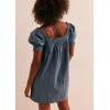 imagechouyatou Womens Summer Square Neck Tunic Dress Short Puff Sleeve Shirred ALine Mini Babydoll DressDark Blue