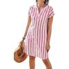 imagechouyatou Womens Casual Short Sleeve Striped Shirt Dress Notched VNeck Midi Long Beach DressPink