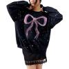 imagechouyatou Womens Elegant Polka Dot Sweatshirt Y2k Bow Printed Loose Fit Oversized Pullover TopsBlack