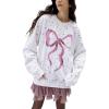 imagechouyatou Womens Elegant Polka Dot Sweatshirt Y2k Bow Printed Loose Fit Oversized Pullover TopsWhite