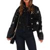 imagechouyatou Womens Fall Distressed Oversized Denim Jacket Embroidered Pearls Star Short Jean JacketBlack
