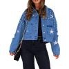 imagechouyatou Womens Fall Distressed Oversized Denim Jacket Embroidered Pearls Star Short Jean JacketDenim Blue