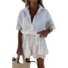 imagechouyatou Womens Sexy Eyelet Lace Wide Leg Romper Shorts Casual Button Up Belted Jumpsuit Overall PantsWhite