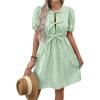 imagechouyatou Womens Summer Puff Sleeve Striped Mini Dress Casual Tie Knot Babydoll Tunic Swing Short DressGreen