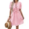 imagechouyatou Womens Summer Puff Sleeve Striped Mini Dress Casual Tie Knot Babydoll Tunic Swing Short DressPink