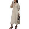 imagechouyatou Womens Summer Short Puff Sleeve Button Down Dress Cotton Linen Casual Midi Long ALine DressKhaki